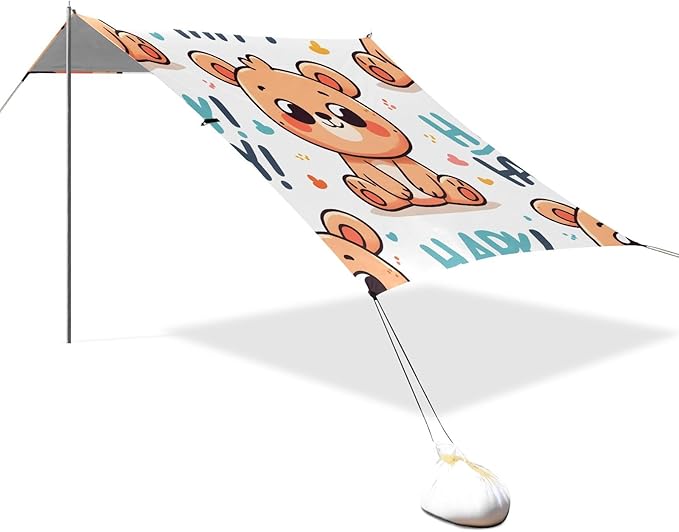 Cute Cartoon Bear with The Word Camping Sun Shelter Beach Tent Portable Beach Sun Shade Outdoor Canopy for Camping Trips Fishing Picnic