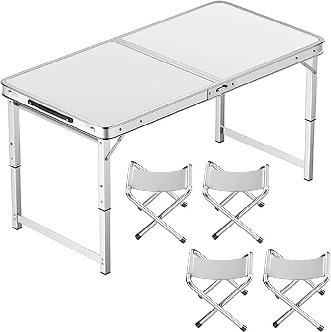 Adjustable Height Aluminum Folding Table Portable Outdoor Camping Table with Handle Compact 120X60Cm Picnic Dining Table Set with 4 Stools - Blue120X60Cm Bla100X50cm White+4 Stool