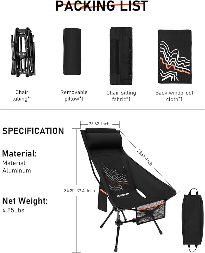 NOVSIGHT Camping Chairs - High Back Camping Chair with Adjustable Headrest and Feet Lightweight Aluminum Frame Breathable Mesh Folding Portable Camp Chair for Outdoor Hiking Beach Picnic