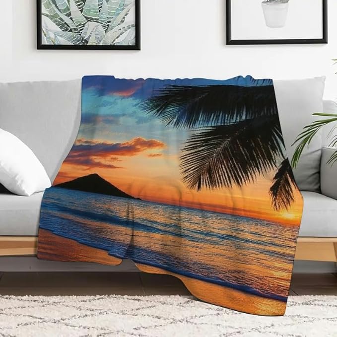 Palm Tree Beach Sunset Flannel Blanket Soft Warm Lightweight Multi-Purpose Blanket for Sofa Travel Camping Bed Chair 40x50in