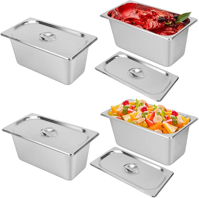 4 Pack 1/3 Size Stainless Steel Steam Table Pan with Lid 6 Inch Depth Hotel Pans for Weddings Parties Restaurants Cafeterias and Hotels