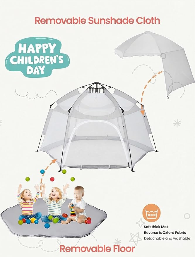 Portable Large Kids Beach Tent Shelter with Canopy UV Cover Indoor Outdoor Camping Tentwith Thick Removable Floor for Sleeping Or Beach Shelter (Light Grey)