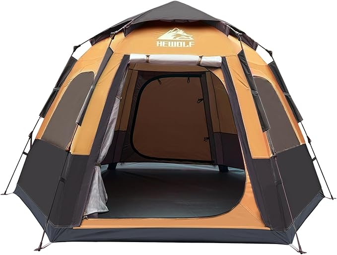 Hewolf 2/3/4 Person Camping Tent - Instant Pop Up Waterproof 2 Doors Tent with Easy Setup | 3-Season Hexagonal Dome Design for Family Hiking &amp Traveling