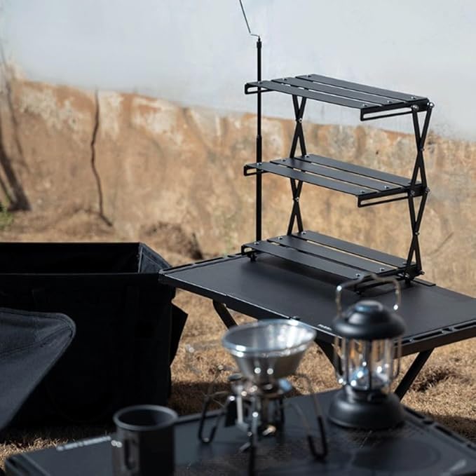 Outdoor Storage Rack Three Tier Metal Storage Rack Lightweight Camping Shelf Folding Picnic Rack BBQ Organizer Portable Cooking Shelf