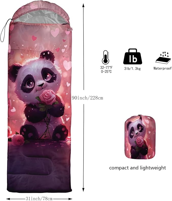 AILONEN Kawaii Panda Sleeping BagsLightweight &amp Waterproof3 Season Warm &amp Cool WeatherDreamy Purple Flower Animal Themed Sleeping Bags for BoysGirlsKidsAdults TravellingOutdoors