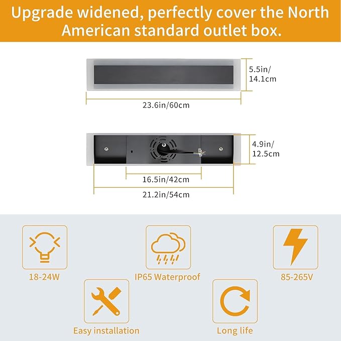 Upgrade Widened 2 Pack Modern LED Wall Sconce 23.6inch Outdoor Wall Lights 3000K Warm White 24W IP65 Waterproof Black Long Linear Wall Mount Lighting Outside Exterior Light for Garage Patio