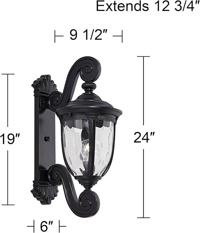 John Timberland Bellagio European Outdoor Wall Light Fixture Texturized Black Dual Scroll Arm 24 Clear Hammered Glass for Exterior House Porch Patio Outside Deck Garage Front Door Garden Home