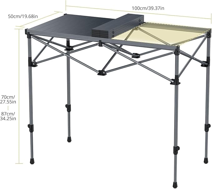 Anbte 34.2” Tall Camping Table Foldable 2 Adjustable Height Large Roll Up Camping Table Support 264lbs with Storage Basket and Bag Waterproof for Travel BBQ Outdoor Patio 39.4” x 19.7” Black