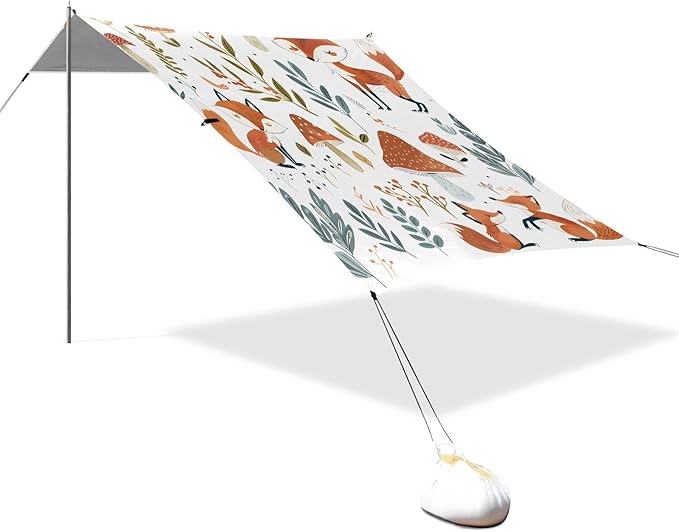 Bolaz Beach Canopy Tent Sun Shade9'×10.5' Large Family Beach Shade UPF50+- Outdoor Shade for Camping Trips FishingCute Foxes Mushrooms Plants
