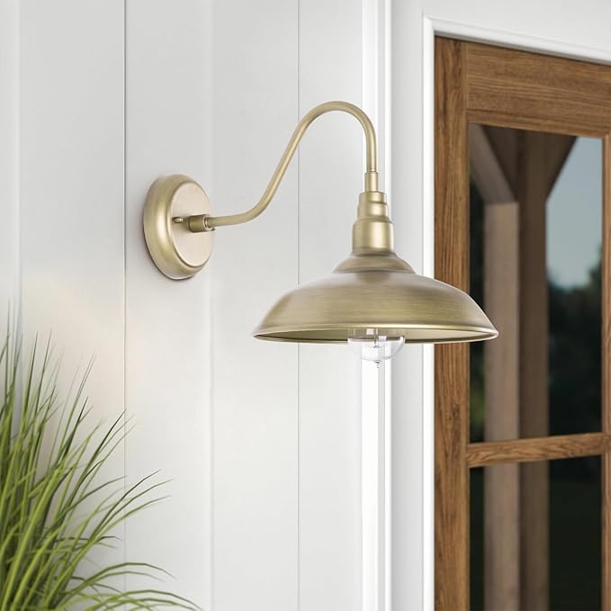 Brass Outdoor Gooseneck Light 10'' Diameter Gooseneck Barn Wall Sconce for Porch Exterior Waterproof Farmhouse Light Fixture with Wall Mount 2 Pack LM2201-GL-2P
