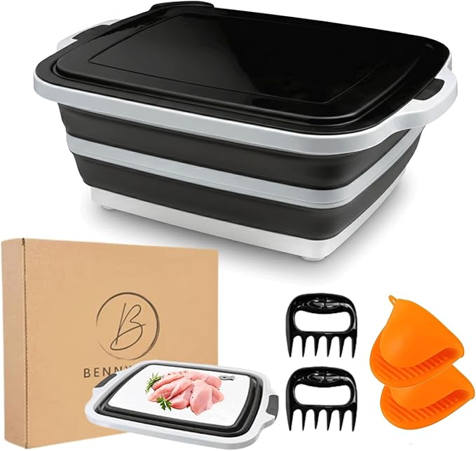 BBQ Prep Tub | Meat Prep Tub with Locking Lid 2 Meat Shredder Claws &amp BBQ Mitts Collapsible with Cutting Board Drain Plug Portable for Camping &amp Grill Design PicnicMarinating MeatVersatile