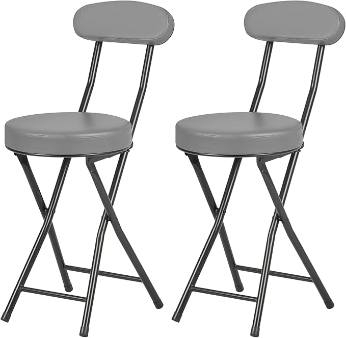 Cushioned Padded Folding Stools Folding Bar Stool with Backrest 220lb Capacity 19 Inch Collapsible Round Portable Foldable Chair for Outdoor Indoor Kitchen Camping Fishing (Grey 2 Pack)