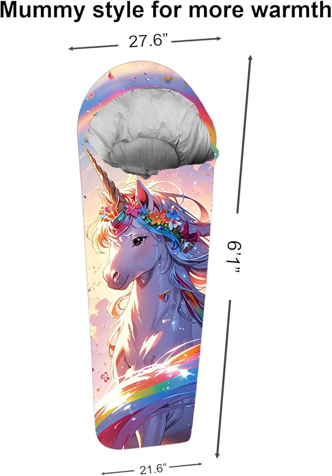 Mummy Style 32 – 59F Kids Sleeping Bag with Pillow Sleeve Full Scale Digital Printing Unicorn Mermaid Kitty or Puppy Lightweight Ideal for Camping Sleepover Boys Girls Youth and Toddlers