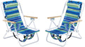 Folding Beach Chair Set of 2 for Adults 4 Position Portable Backpack Foldable Camping Chair with Headrest Cup Holder and Wooden Armrests Blue &amp Green Stripes