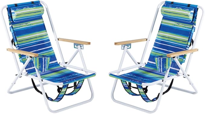 Folding Beach Chair Set of 2 for Adults 4 Position Portable Backpack Foldable Camping Chair with Headrest Cup Holder and Wooden Armrests Blue &amp Green Stripes
