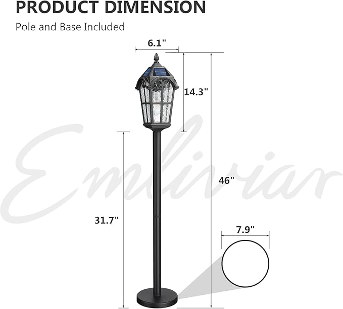 Emliviar Solar Pathway Light with Water Grain Glass Shade 46 Inch Classic Post Lamp with Round Base in Black Finish Portable Floor Lamp for Outdoor Travel LED Bulb Included YXE302PL-ML SL BK