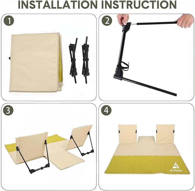 Beach Mat Lounge Chair 2-Person Foldable Lightweight Lounge Mat with Back Support600D Oxford 49x49 Widen Beach Seat Storage Bag for Holidays Garden Camping Swimmingpool (Khaki &amp Yellow)