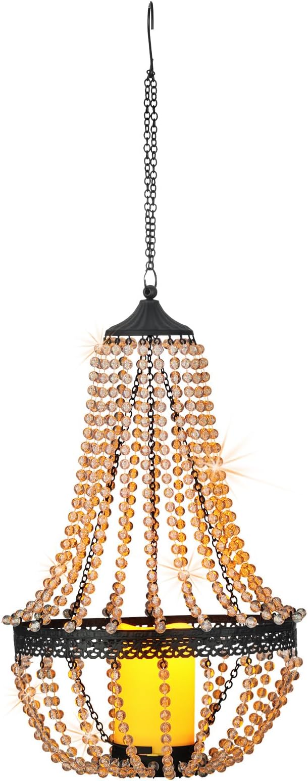 Hanging Candle Lantern Outdoor 27” Battery Operated Modern Clear Acrylic Crystal Chandeliers with Flickering Yellow Led Candle Light S Hooks for Garden Backyard Gazebo Room Indoor Indoor Decor