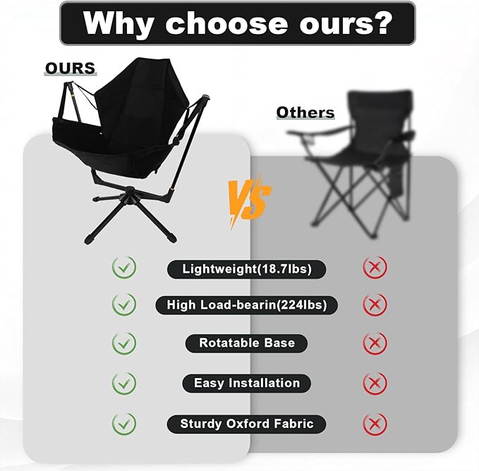 Hammock Camping Chair with Adjustable Backrest Foldable Camping Chairs for Adults with 360-degree Swivel Base Portable Chair Used for Office Work Picnic Hiking