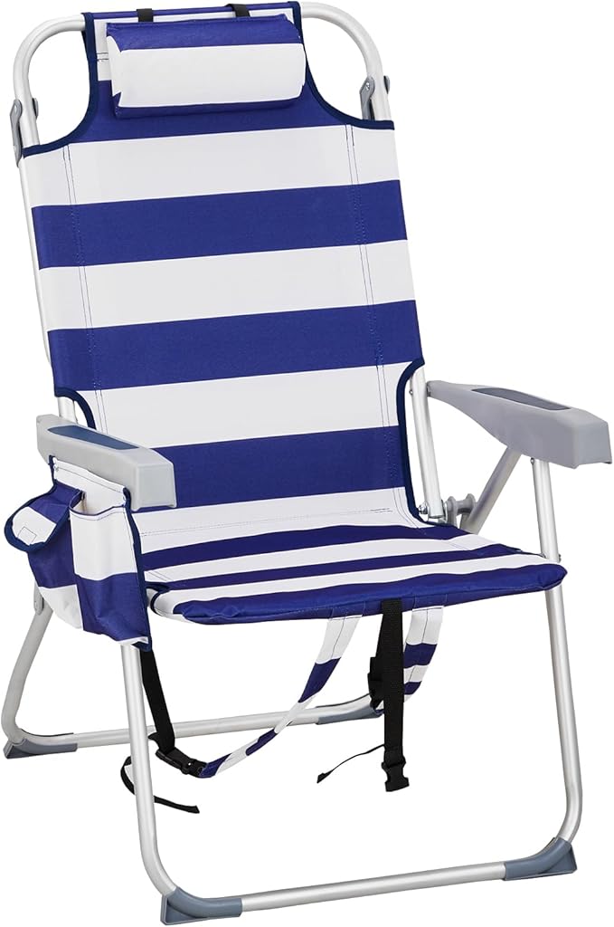 Tall Beach ChairFolding Backpack Beach Chair with 5 PositionsLightweight Beach Camping Chairs with Cooler BagCup HoldersTowel Barfor Adults (Blue Stripes)