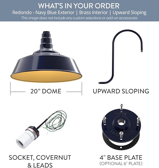 Steel Lighting Co. Large Outdoor Barn Light | Gooseneck Light Fixture | Made in America from 18-Gauge Steel | 20 Dome | Upward Sloping Gooseneck Navy Blue Exterior/Brass Interior