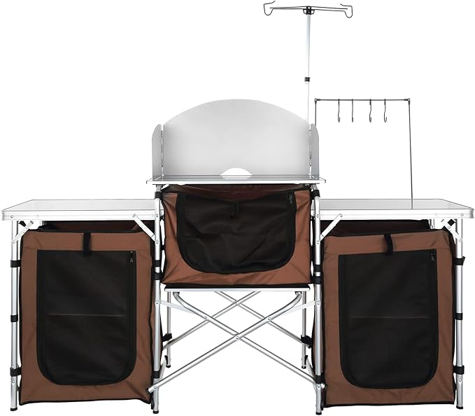 Happybuy Camping Kitchen Table Folding Outdoor Cooking Station with Storage Bag Aluminum Cook Table with 3 Cupboards &amp Detachable Windscreen Quick Setup for Picnics BBQs RV Travel Brown