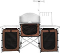 Happybuy Camping Kitchen Table Folding Outdoor Cooking Station with Storage Bag Aluminum Cook Table with 3 Cupboards &amp Detachable Windscreen Quick Setup for Picnics BBQs RV Travel Brown