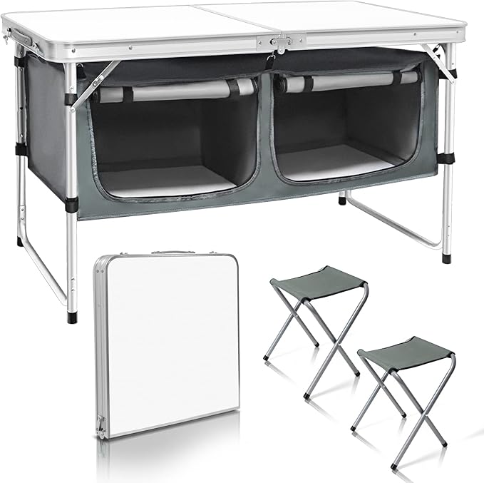 CampLand Outdoor Folding Table Aluminum Lightweight Height Adjustable with Storage Organizer for BBQ Party Camping