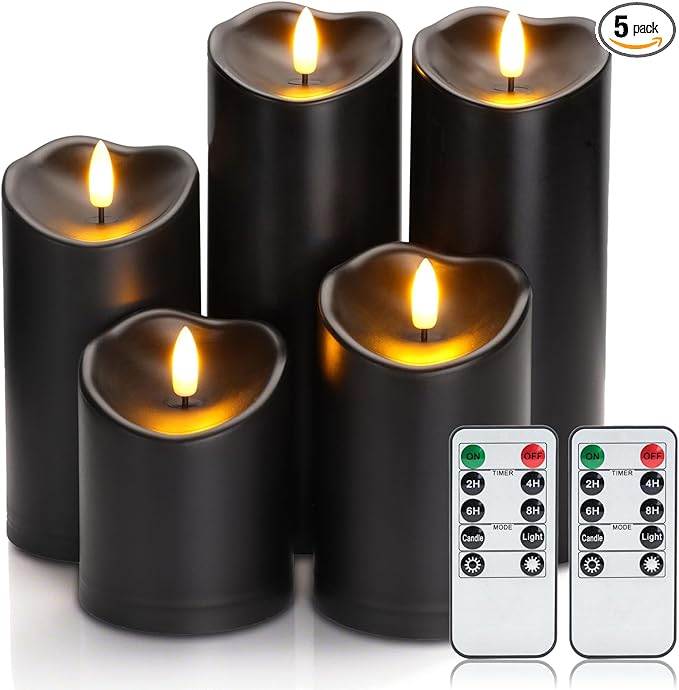 Amagic Black Halloween Flameless Candles with Remote Waterproof Outdoor Candles Battery Operated with Timer Plastic Flickering LED Pillar Candle for Holiday Theme Party Pumpkin Decor Set of 5