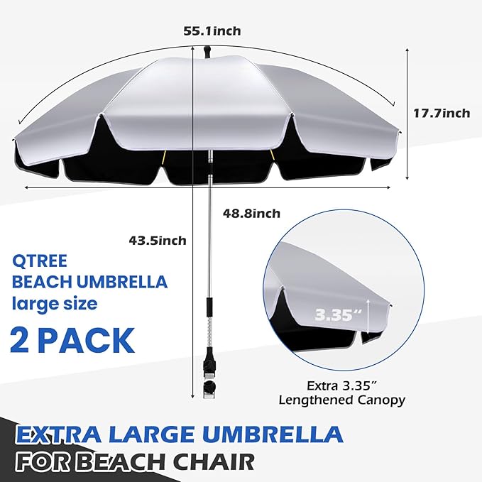 2Pack 48.8 inch Large Beach Umbrella with Clamp Sun Shade for Beach Chair 360°Adjustable UV Protection Golf Umbrella with Clip for Outdoor Stroller Wheelchair Camping Chair