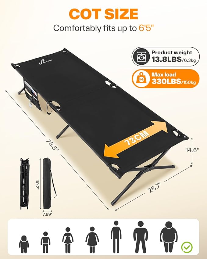Sportneer Camping Cot: 78.3x28.7x14.6 Comfort Cot Bed for Camping Traveling Guest Bed Sleeping Cots for Adults with Side Pockets &amp Storage Bag - Ease of Assembly Support 330 Lbs