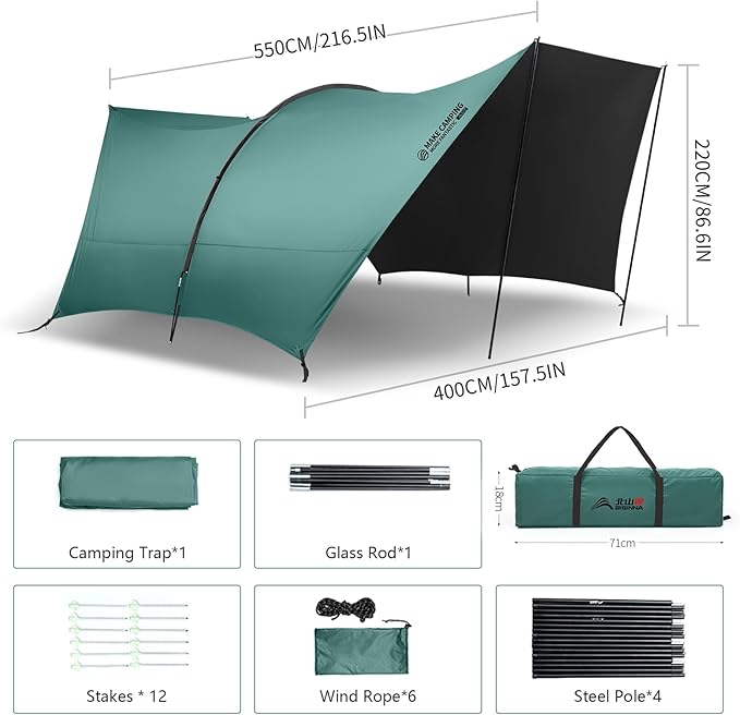 BISINNA Camping Tarp 18x13ft Car Awning Blackout Waterproof Hammock Rain Fly Sun Shade Rain Protection Canopy for Outdoor Beach Picnic (Green)
