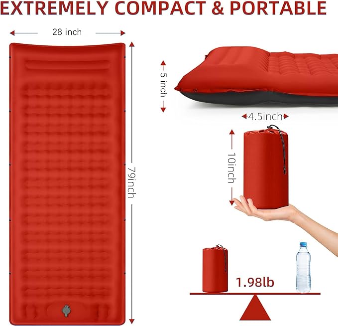Camping Sleeping Pad Extra Thick 5 Inch Camping Mat with Pillow Built-in Foot Pump Inflatable Sleeping Pads Compact for Camping Backpacking Hiking Traveling Tent（Orange-Black）
