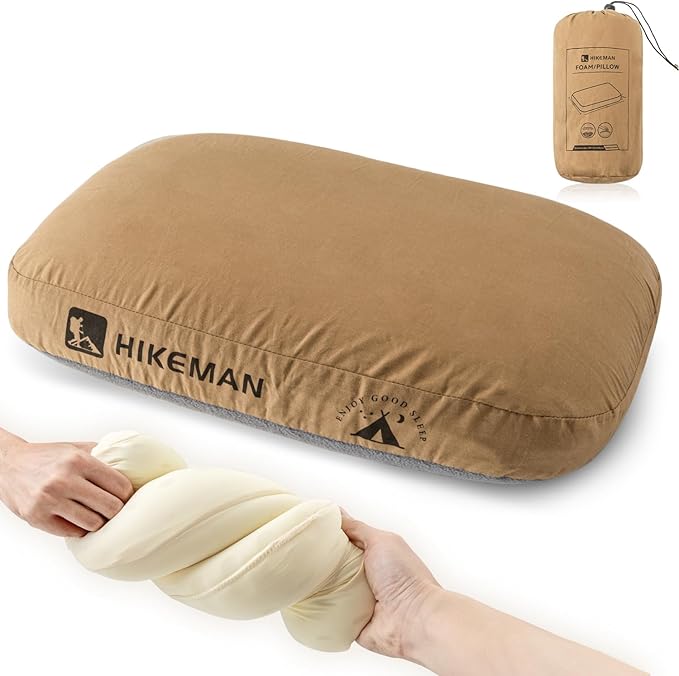 HIKEMAN Camping Memory Foam Pillow - Ultralight Travel PillowBackpacking Pillow with Removable CoverErgonomic PillowsNeck Lumbar Support for Outdoor CampSportHikingBackpacking Sleep (Brown)
