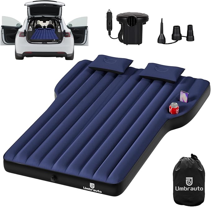 Umbrauto Air Mattress for Tesla Model Y Custom Inflatable Camping Bed for Back Trunk SUV Sleeping Pad w/Soft Flocking Surface Durable 210T Fabric Bottom Portable Pump for Travel Navy