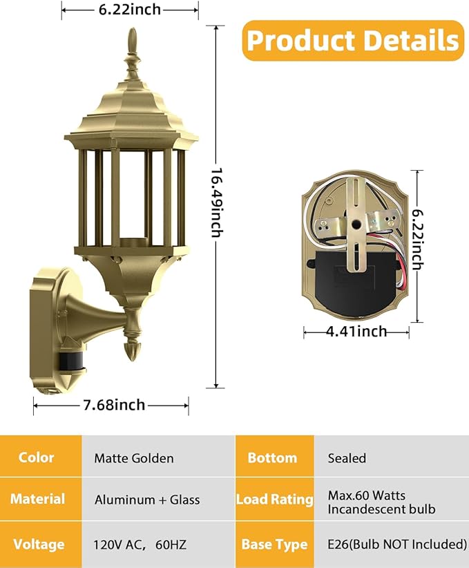 Redluck Motion Sensor Outdoor Lights 2 Pack 16 inch Dusk to Dawn Outside Porch Lights Waterproof Anti-Rust Aluminum Outdoor Wall Lights Exterior Lighting Fixtures for House Garage Front Door Gold