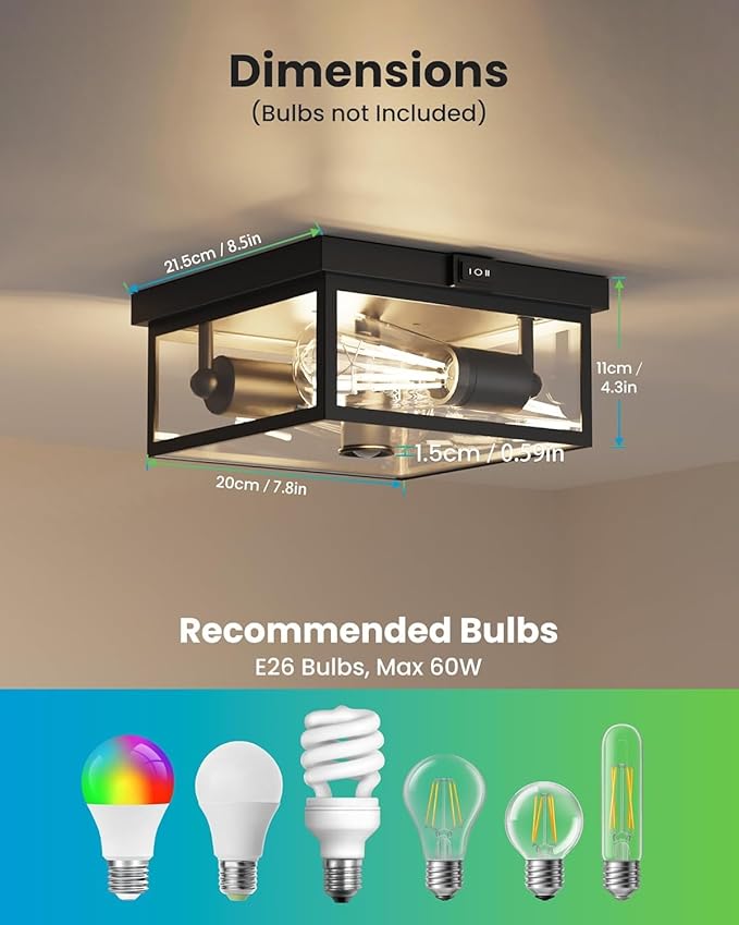 Outdoor Ceiling Light with Motion Sensor Flush Mount Porch Light Exterior Light Fixture with Clear Glass Dusk to Dawn 2-Light Fixture for PatioPorch (8.5 in)