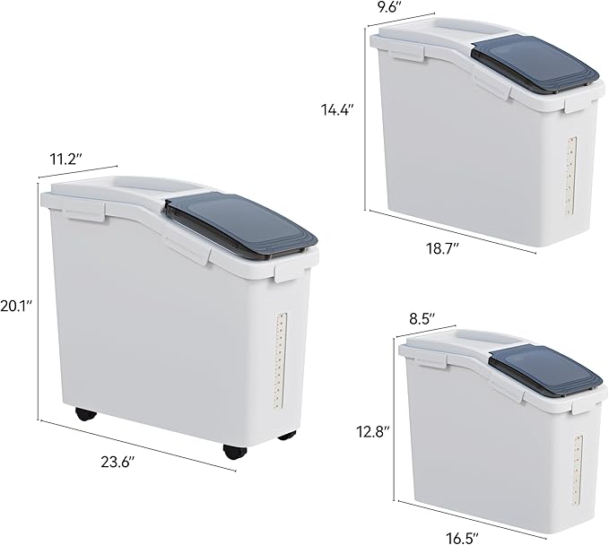 DWVO Large Ingredient Storage Bins 20.6 Gal(11.4+5.8+3.4 Gal) Flour Rice Food storage Containers Bins with Wheels Scoop and Airtight Lid for Dry Food Flour Cereal Grain Sugar White Pack of 3