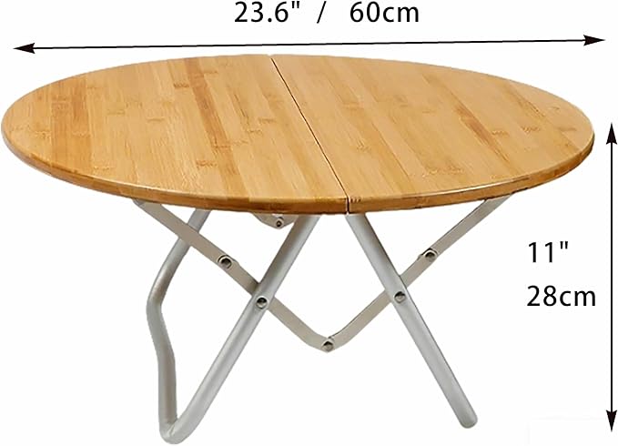 Bamboo Round Folding Table - Portable Low Camping Table for Indoor &amp Outdoor Picnic Barbecue Beach Party Half-Fold Design