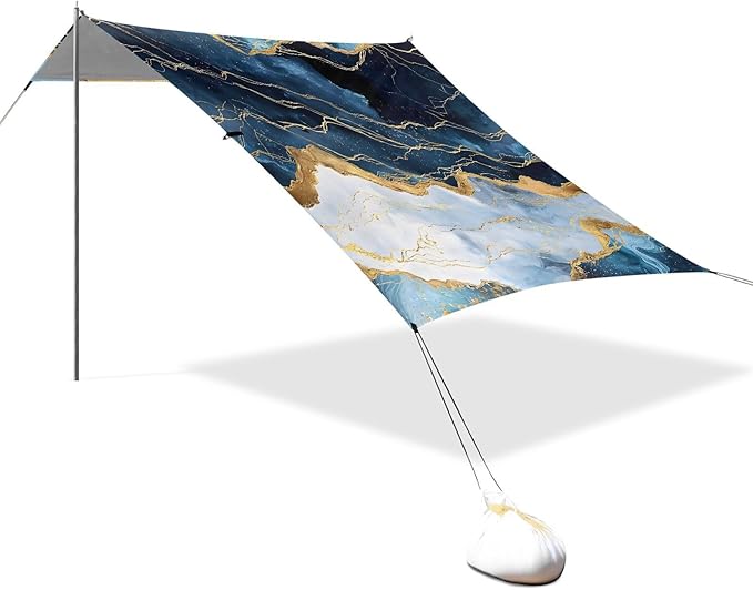 ALAZA Blue &amp Gold Marble Beach Tent Sun Shelter UPF50+ Protection Beach Shade Canopy w/ 4 Sandbags for Outdoor Camping Fishing Backyard Fun Picnic 10x9 ft