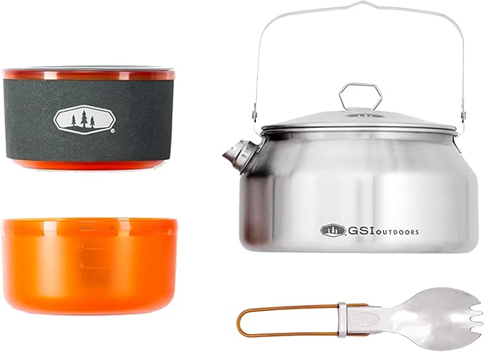 GSI Outdoors Glacier Stainless Ketalist Cookset – Compact 1L Camping Kettle with Insulated Mug Bowl and Folding Spork – Durable Backpacking Cookware for Hiking and Outdoor Cooking