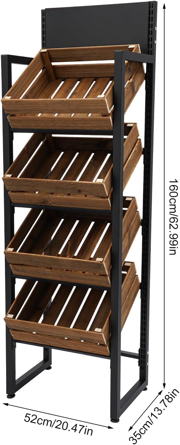 Wood Fruit Basket Stand Vegetable Storage Rack 4-Tier Narrow Snack Rack Stand Farmers Market Stand Retail Store Display Shelves for Kitchen Store Supermarket (Rustic Brown+Black)