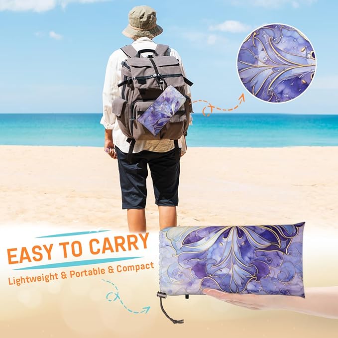 Waterproof Sandproof Beach Blanket 59''×68'' Floral Marbling Polyester Outdoor Picnic Blanket with 4 Stakes &amp Storage Bag for BeachCampingVacation Light Purple
