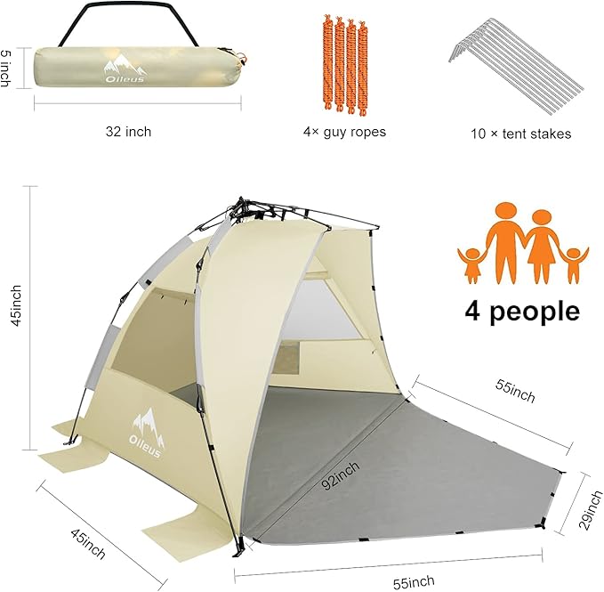 Oileus X-Large 4 Person Beach Tent Sun Shelter - Portable Sun Shade Instant Tent for Beach with Carrying Bag Stakes 6 Sand Pockets Anti UV for Fishing Hiking Camping Waterproof Windproof Khaki