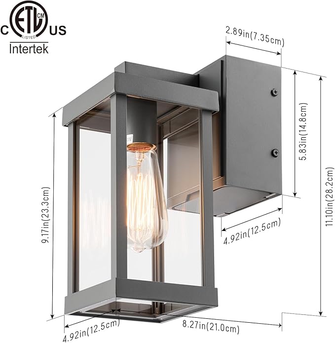 mirrea 11 Classic Outdoor Wall Sconce with Built-in GFCI Outlet 1 Light in Rectangular Metal Frame and Clear Glass Shade Waterproof Porch Light Patio Light (Matte Gray)
