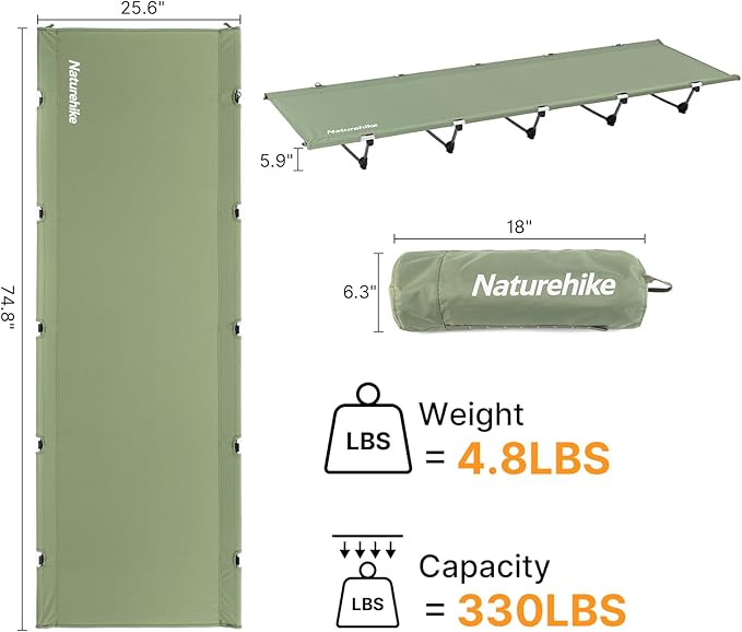 Naturehike Camping Cot Ultralight Folding Backpacking Cot 60-Second Easy Set-Up Supports 330lbs Portable Camping Bed for Adults Hiking Travel Home