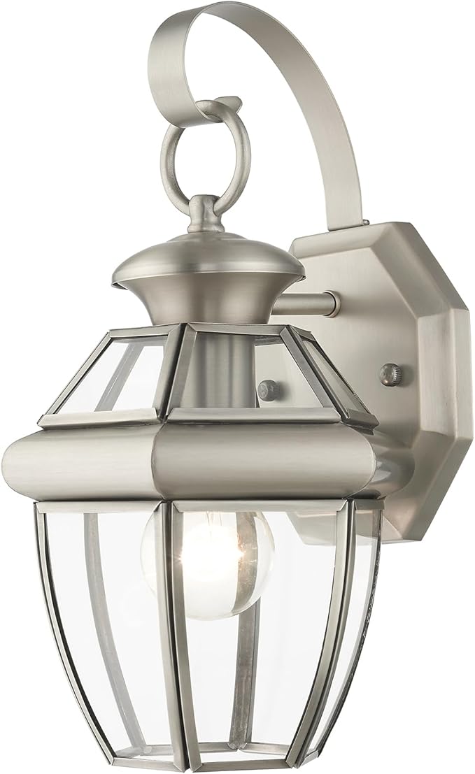 Livex Lighting 2051-91 Monterey 1 Light Outdoor Brushed Nickel Finish Solid Brass Wall Lantern with Clear Beveled Glass