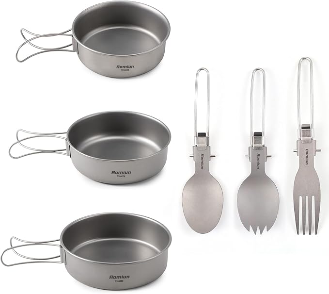 Titanium Camping Bowls and Utensils Set Lightweight Portable Titanium Plates with Folding Handle &amp Forks Spoons Travel Cutlery Dinnerware for Outdoor Camping Backpacking Hiking Picnic