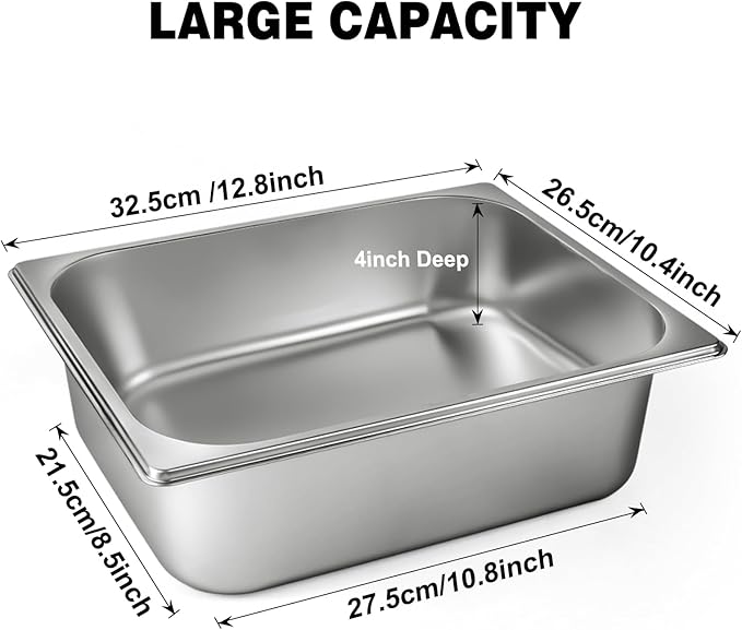 West Bay 4 Pack 1/2 Half Size Hotel Pan with Lids 4'' Deep Steam Table Pan with Lid 12.8''L x 10.4''W Stainless Steel Pans for Home Party Hotel Buffet