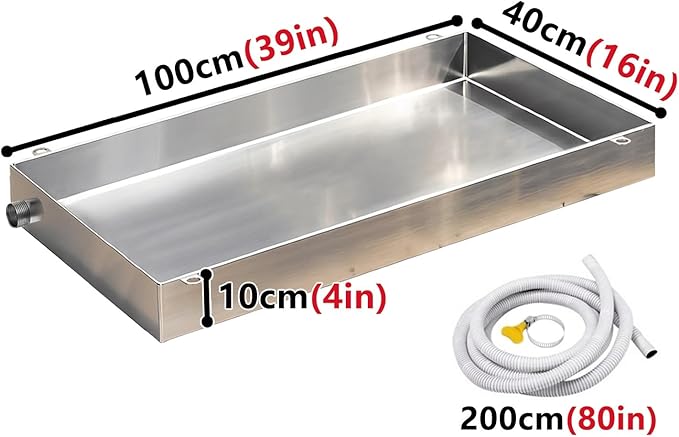 304 Stainless Steel AC Drain Pan with Flexible Hose - 4 High Leakproof Drain Tray for Air Conditioners Kitchens &amp Plants (100x40cm / 39x16in)